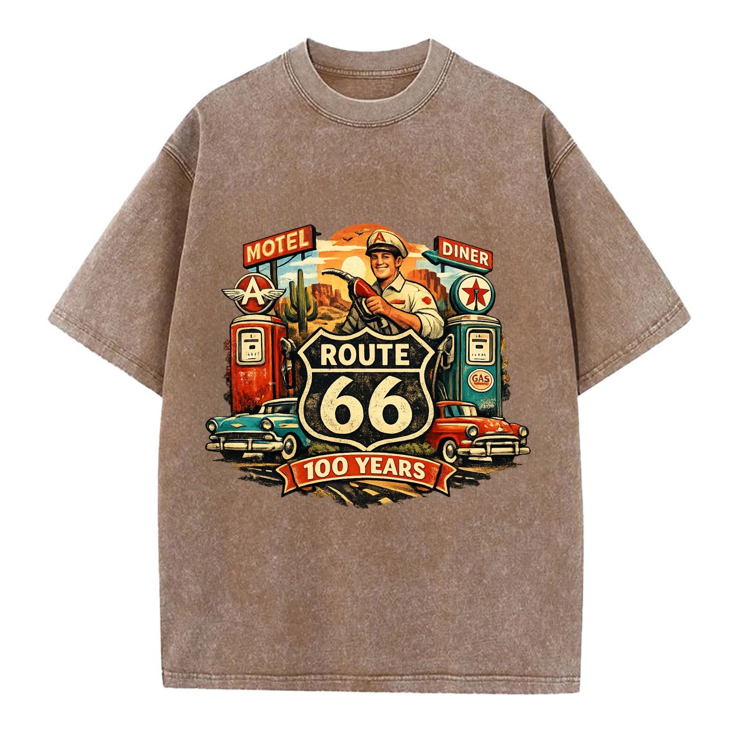 FILL ER UP | Vintage gas pumps | Flying A or Texaco style | Service station | - Vintage T-shirt - Brown