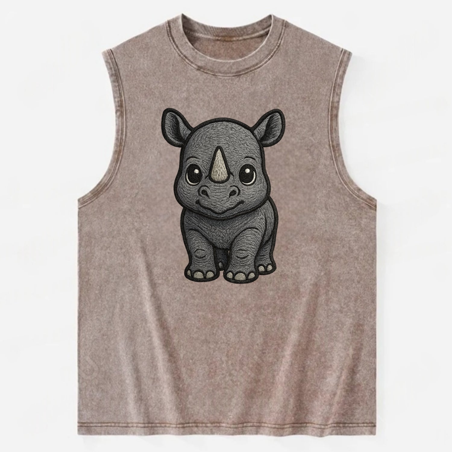 Baby Rhino - gray armor skin, tiny horn nub, round eyes, front-facing, tank - Vintage Washed Tank - Brown