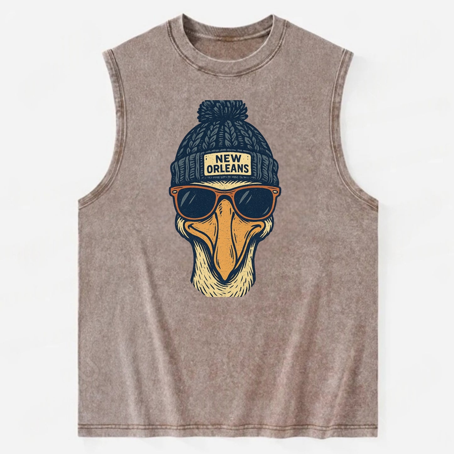 New Orleans Pelican wearing New Orleans beanie with pom pom and wayfarer - Vintage Washed Tank - Brown