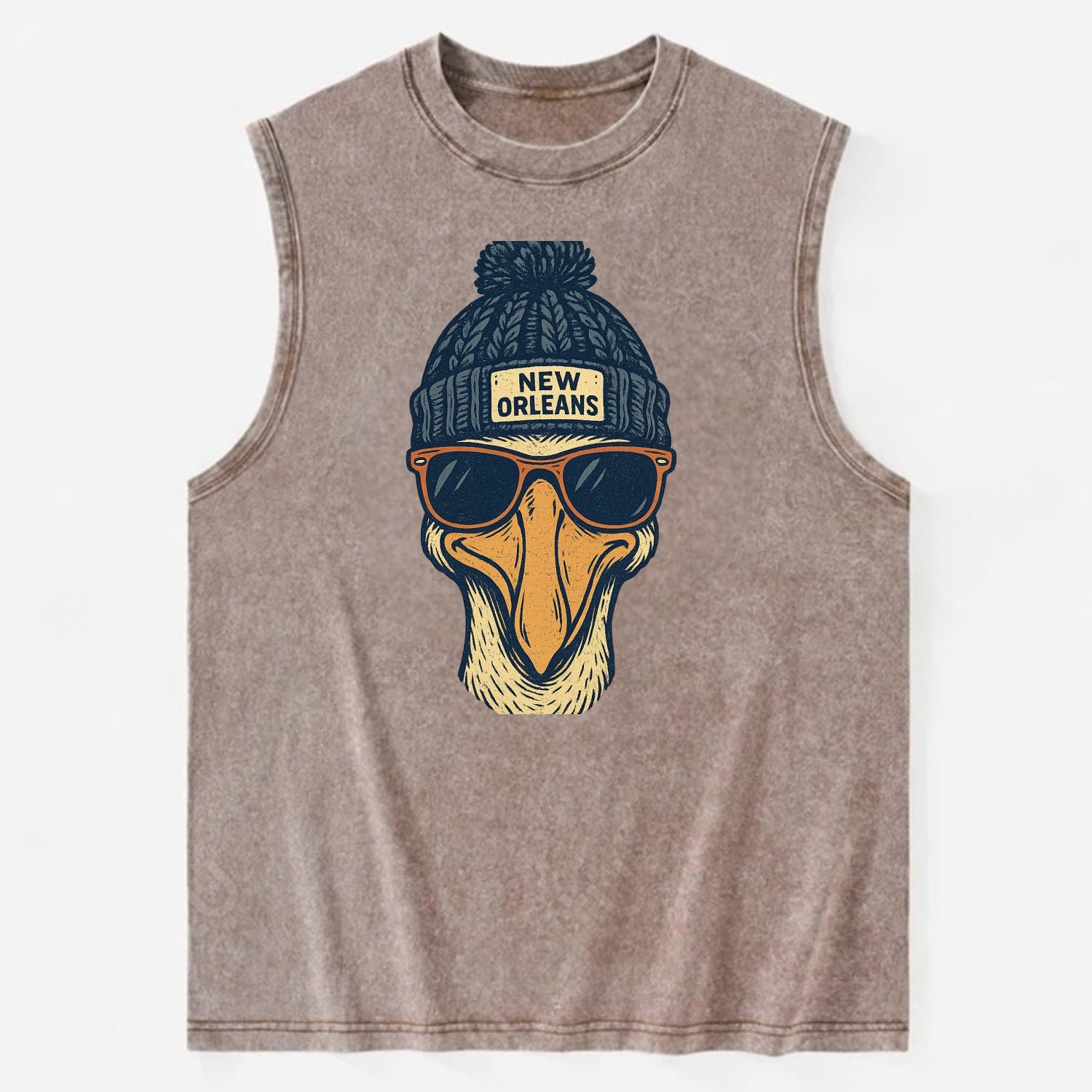 New Orleans Pelican wearing New Orleans beanie with pom pom and wayfarer - Vintage Washed Tank - Brown
