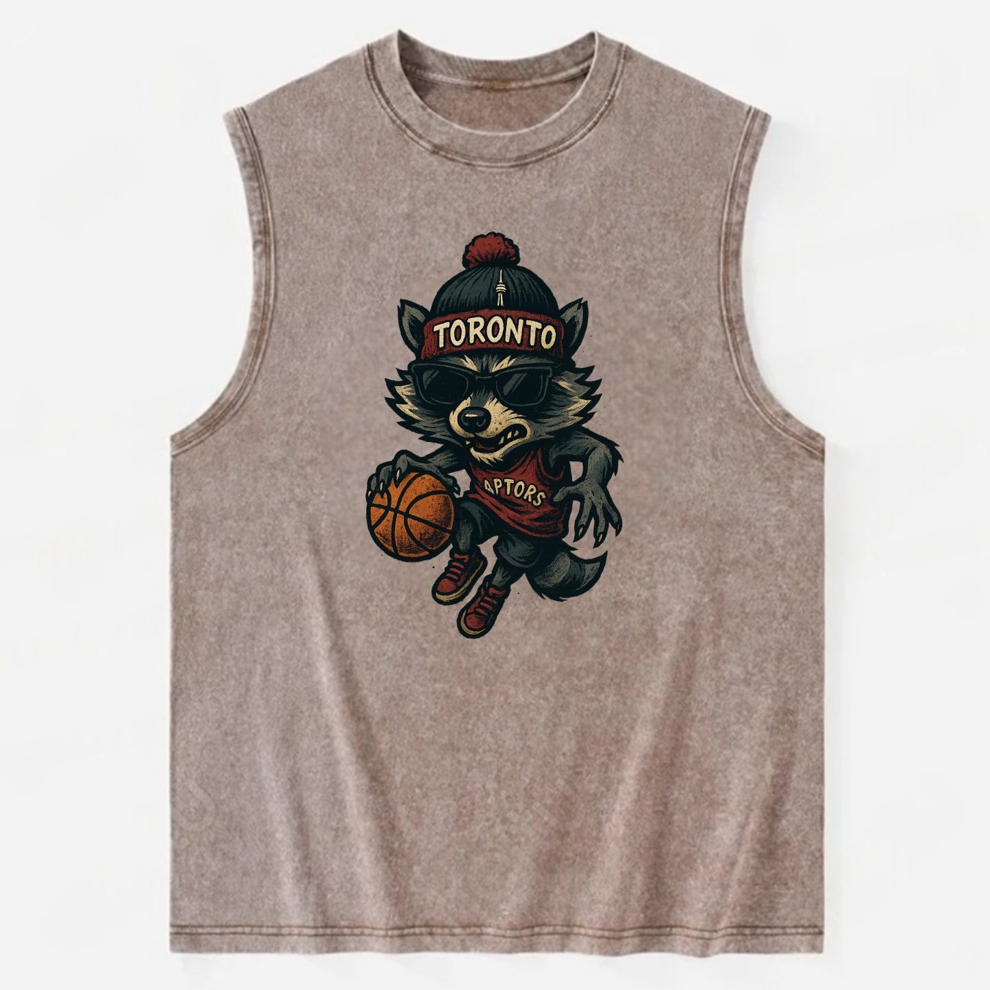Toronto Raccoon wearing Raptors beanie with CN Tower patch and wayfarer - Vintage Washed Tank - Brown