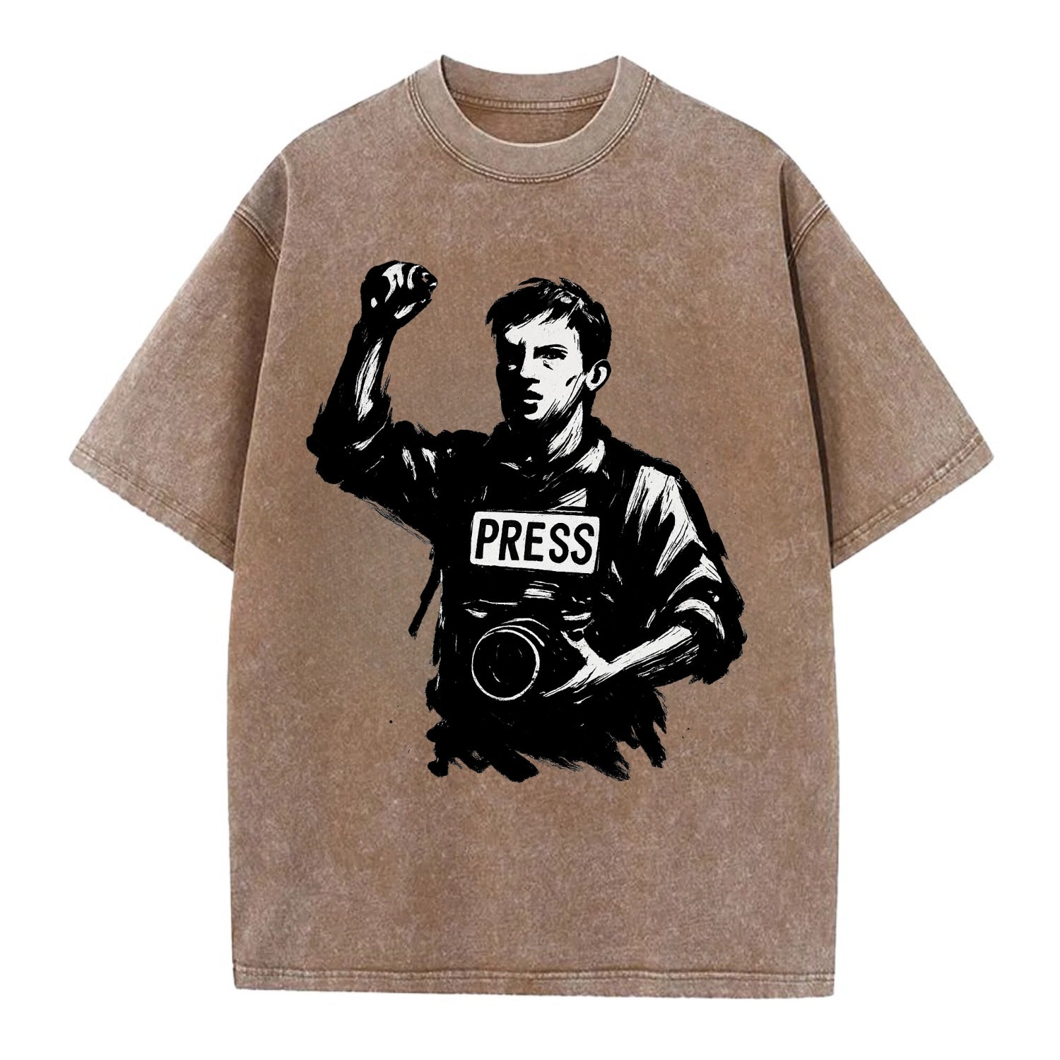Journalist with camera - press freedom ink painting - Vintage T-shirt - Brown