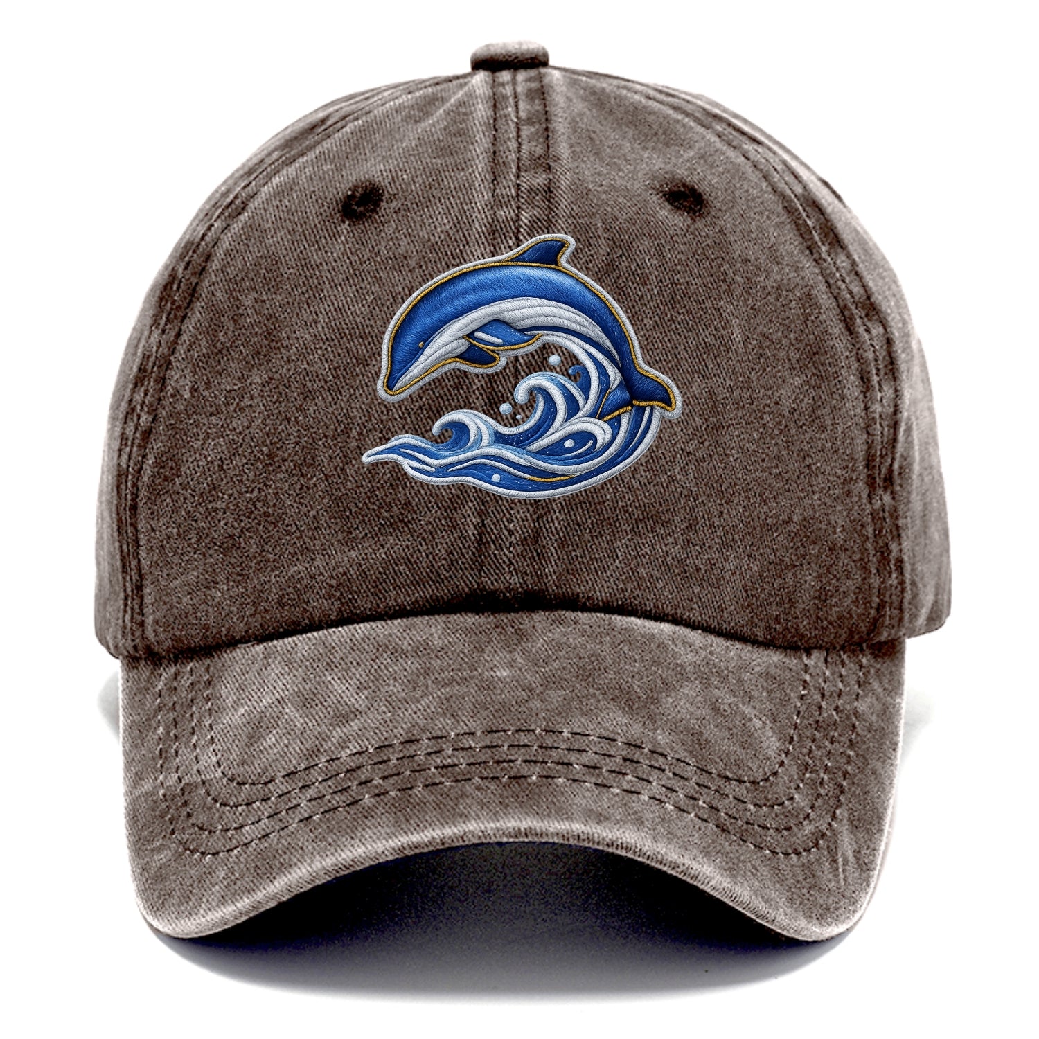 Embroidered patch design - SWIMMING DOLPHIN - diving dolphin with waves in blue and - Classic Cap - Brown