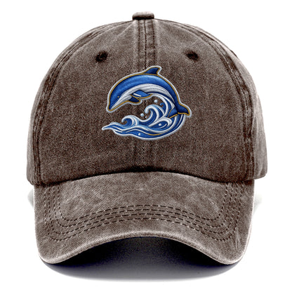 Embroidered patch design - SWIMMING DOLPHIN - diving dolphin with waves in blue and - Classic Cap - Brown