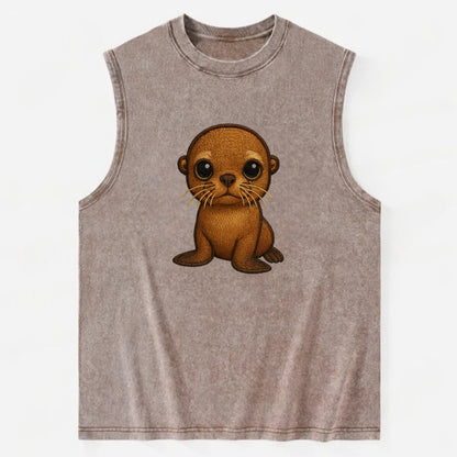 Baby California Sea Lion - golden brown, large expressive eyes, whiskers, - Vintage Washed Tank - Brown