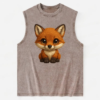 Baby Red Fox - russet fur, white chest, big amber eyes, perky ears, - Vintage Washed Tank - Brown