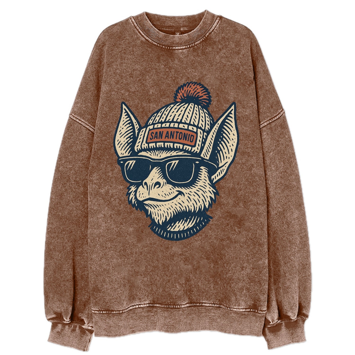 San Antonio Bat wearing San Antonio beanie with pom pom and wayfarer sunglasses - Vintage Sweatshirt - Brown
