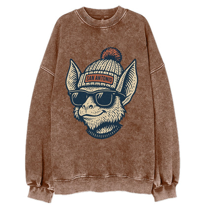 San Antonio Bat wearing San Antonio beanie with pom pom and wayfarer sunglasses - Vintage Sweatshirt - Brown