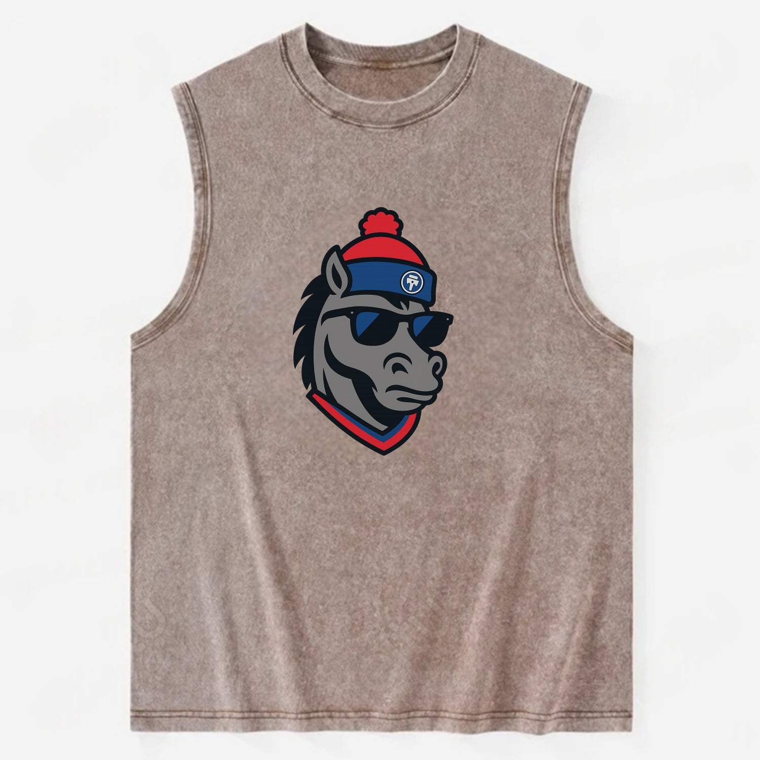 Detroit Stallion wearing Pistons red and blue beanie with piston patch and - Vintage Washed Tank - Brown