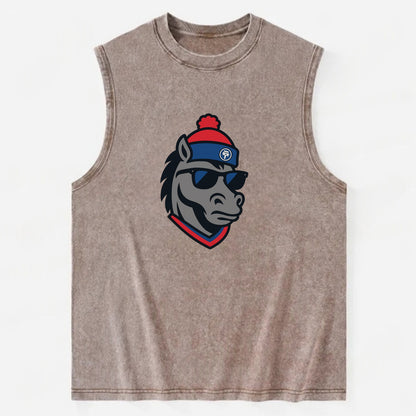 Detroit Stallion wearing Pistons red and blue beanie with piston patch and - Vintage Washed Tank - Brown