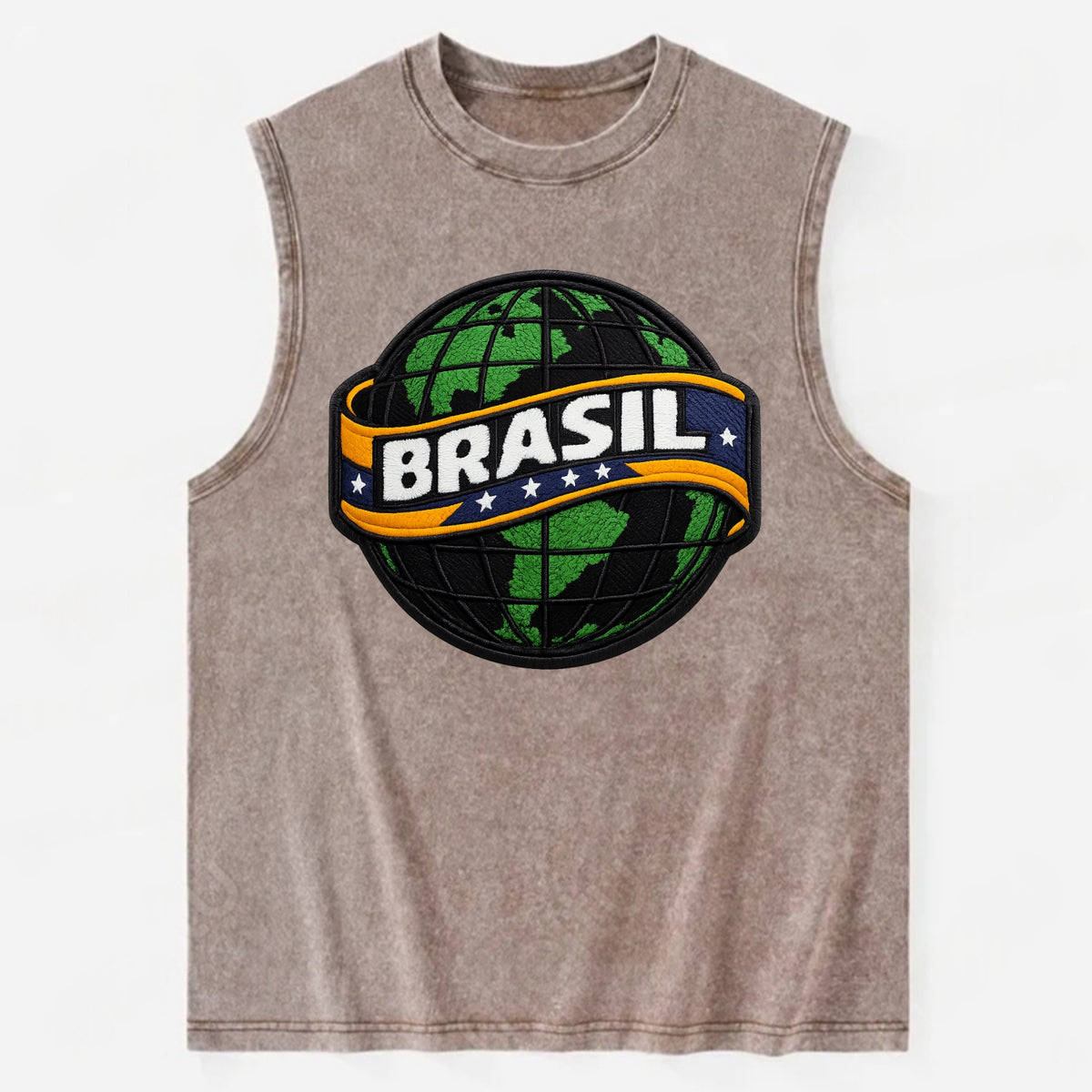 BRAZILIAN FLAG GLOBE - green globe with banner in green yellow blue , Brasil - Vintage Washed Tank - Brown