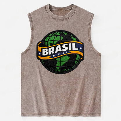 BRAZILIAN FLAG GLOBE - green globe with banner in green yellow blue , Brasil - Vintage Washed Tank - Brown