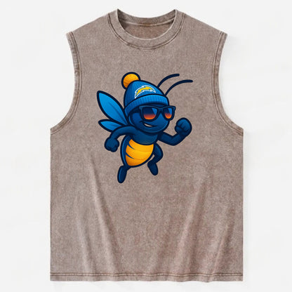 LA Lightning Bug wearing Chargers powder blue and gold beanie with pom pom - Vintage Washed Tank - Brown