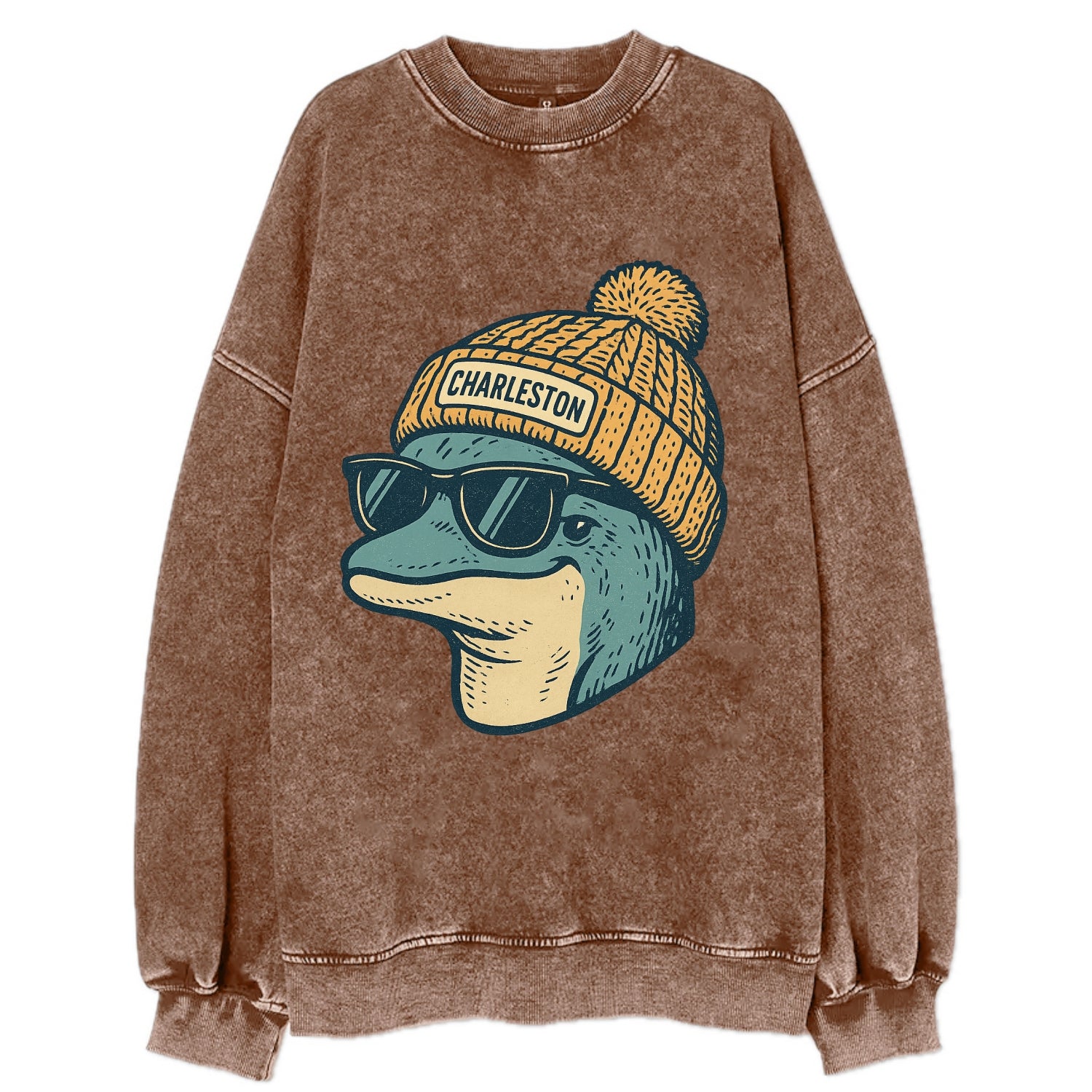 Charleston Dolphin wearing Charleston beanie with pom pom and wayfarer - Vintage Sweatshirt - Brown
