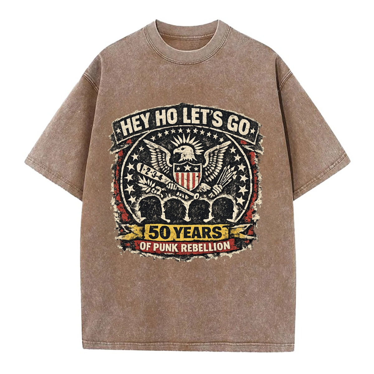 RAMONES LEGACY | Hey Ho Let's Go typography | Presidential seal parody | Four - Vintage T-shirt - Brown
