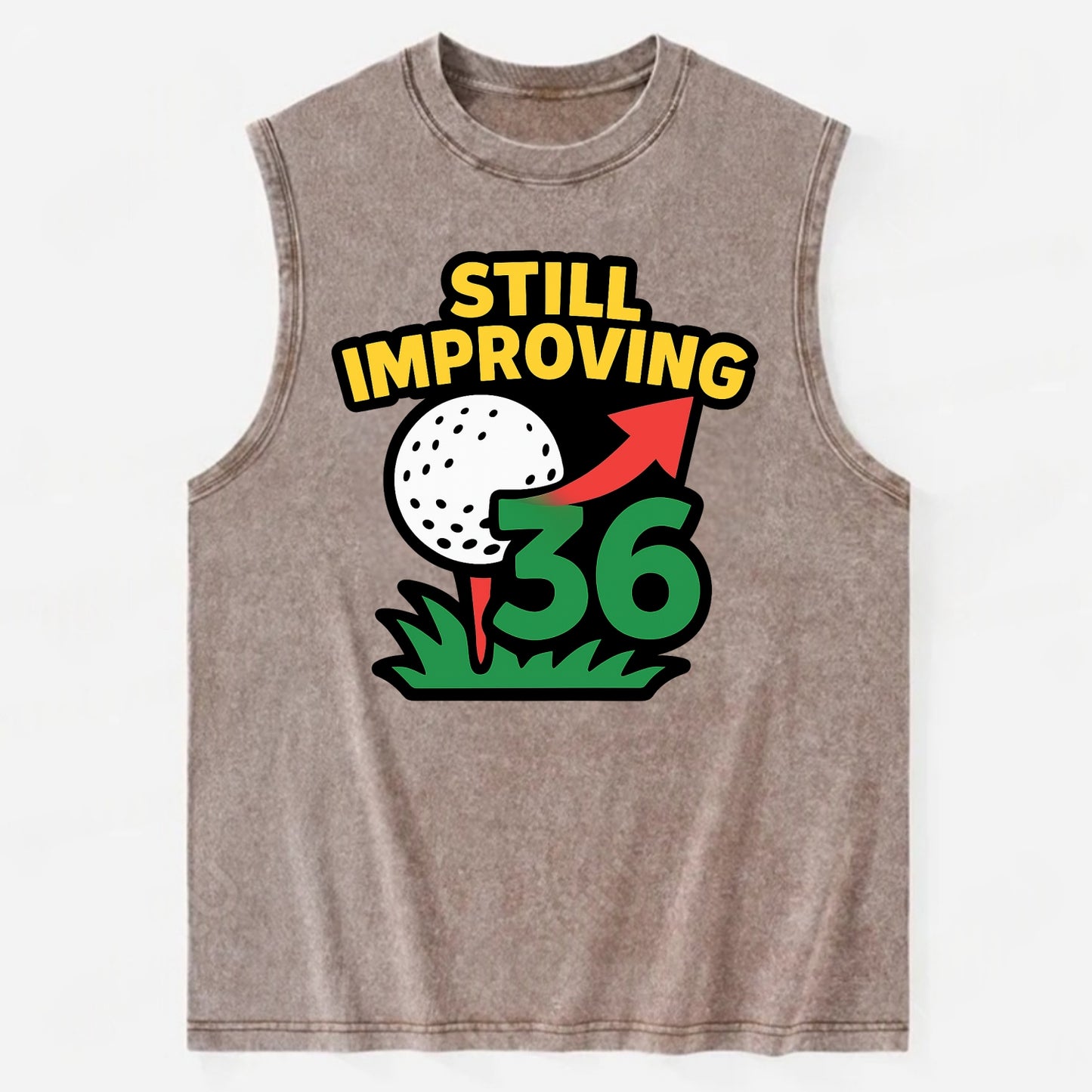 Handicap number getting higher with arrow - "Still Improving" - optimistic - Vintage Washed Tank - Brown