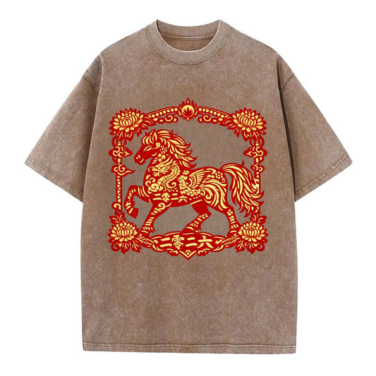 HORSE | Silk style horse design | Gold and silver thread appearance | Phoenix and - Vintage T-shirt - Brown