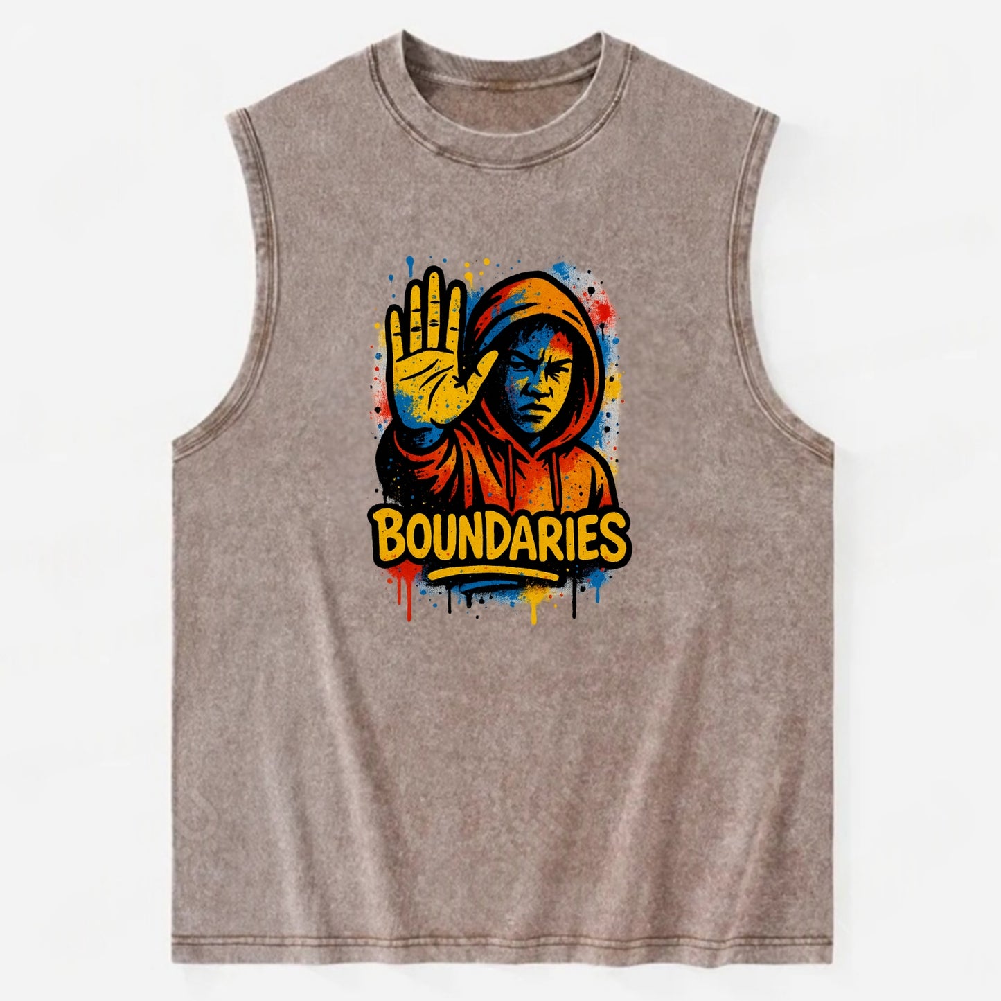 Person holding up hand in "stop" gesture - setting boundaries concept, - Vintage Washed Tank - Brown