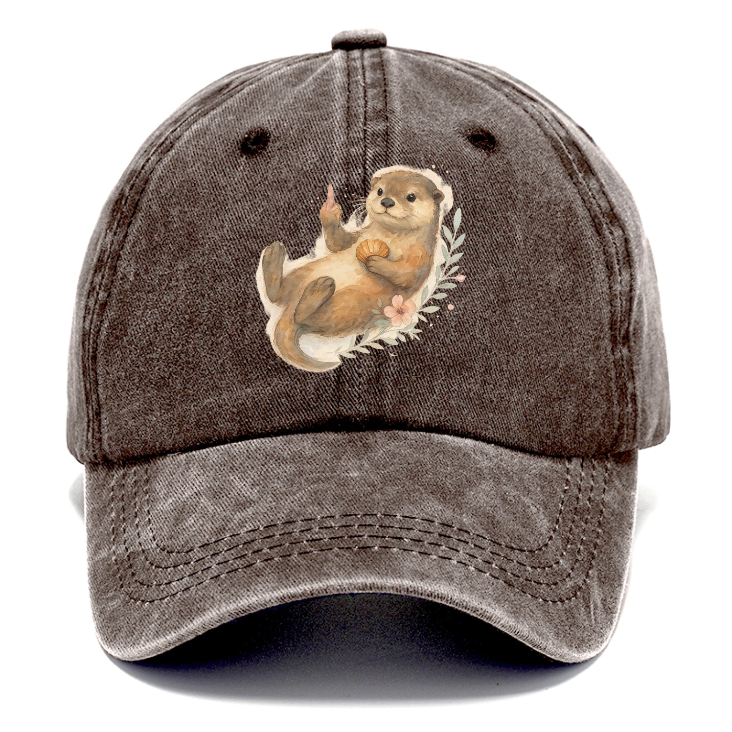 adorable otter floating on back, middle finger up while holding a shellfish - Classic Cap - Brown