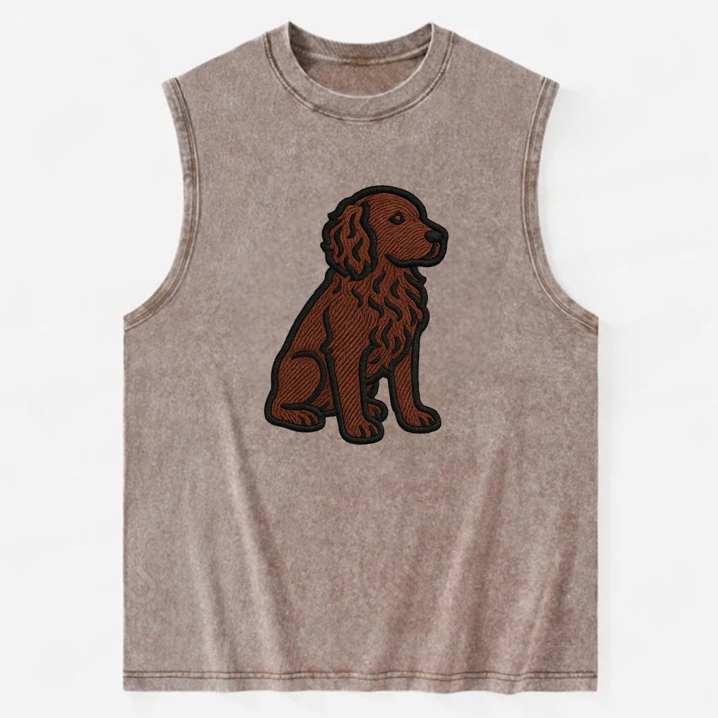 Boykin Spaniel - Rich chocolate brown wavy coat embroidered sitting pose - Vintage Washed Tank - Brown