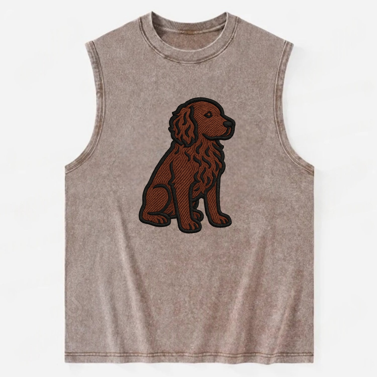 Boykin Spaniel - Rich chocolate brown wavy coat embroidered sitting pose - Vintage Washed Tank - Brown