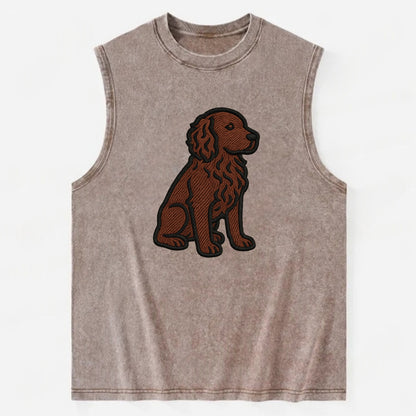 Boykin Spaniel - Rich chocolate brown wavy coat embroidered sitting pose - Vintage Washed Tank - Brown