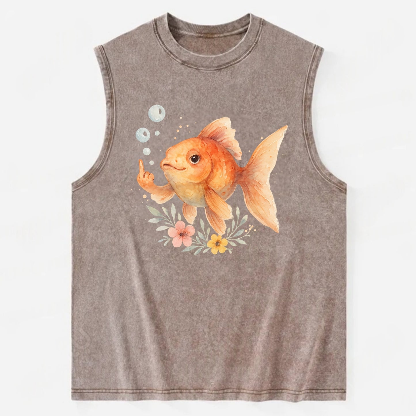 chubby goldfish blowing bubbles, one fin extended like middle finger - Vintage Washed Tank - Brown
