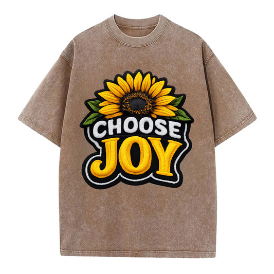 CHOOSE JOY - sunflower with text in yellow , happiness choice - Vintage T-shirt - Brown