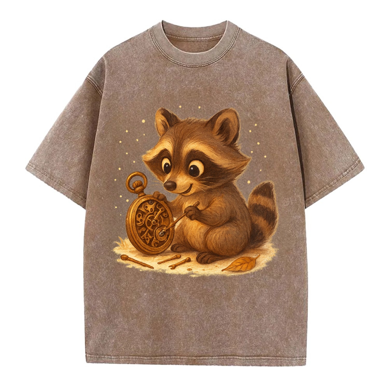 Raccoon tinkering with a steampunk pocket watch using tiny brass tools - Vintage T-shirt - Brown