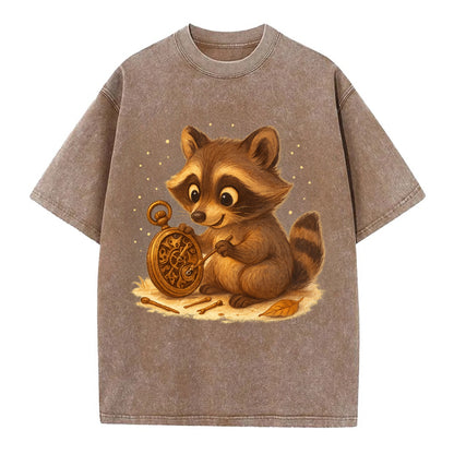 Raccoon tinkering with a steampunk pocket watch using tiny brass tools - Vintage T-shirt - Brown