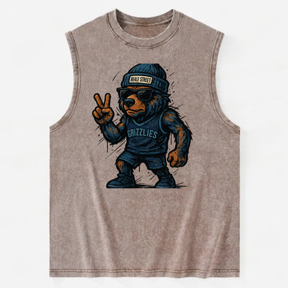Memphis Grizzly Bear wearing Grizzlies navy and light blue beanie with Beale - Vintage Washed Tank - Brown