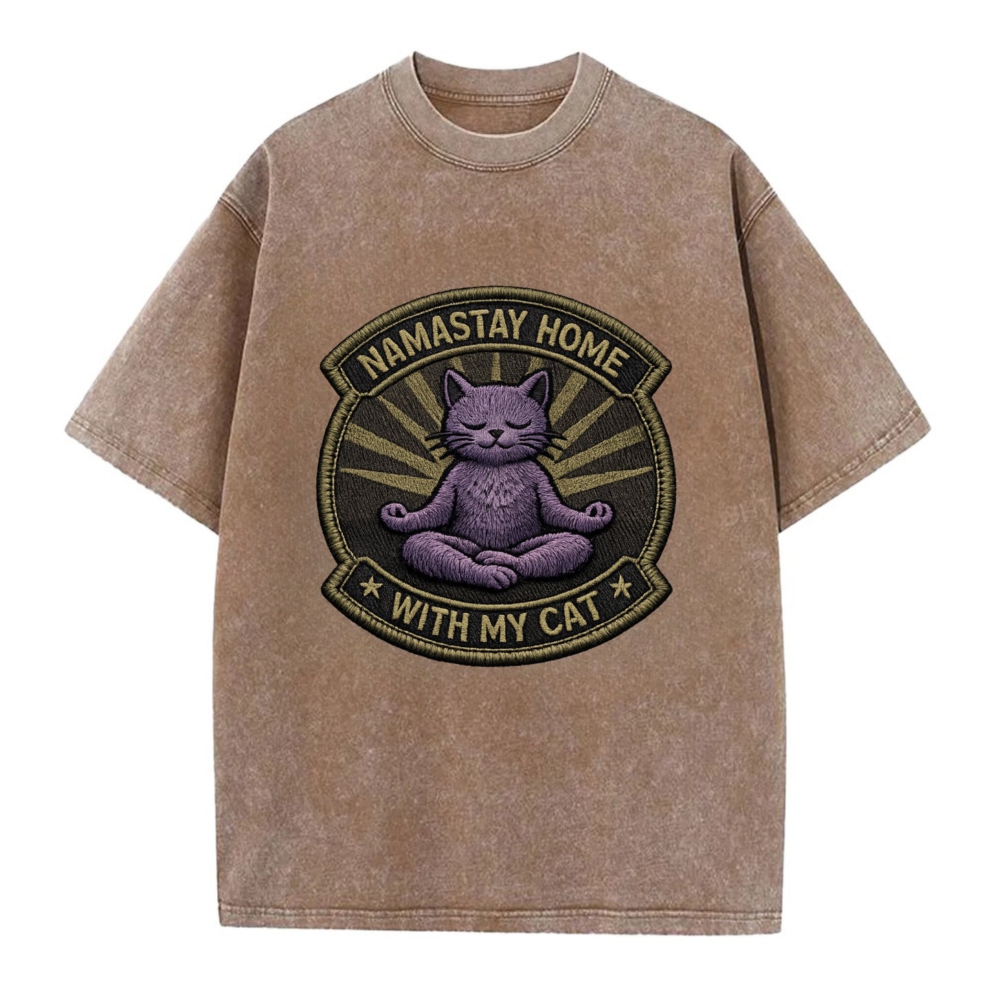 NAMASTAY HOME WITH MY CAT - yoga cat in purple , introvert cat - Vintage T-shirt - Brown