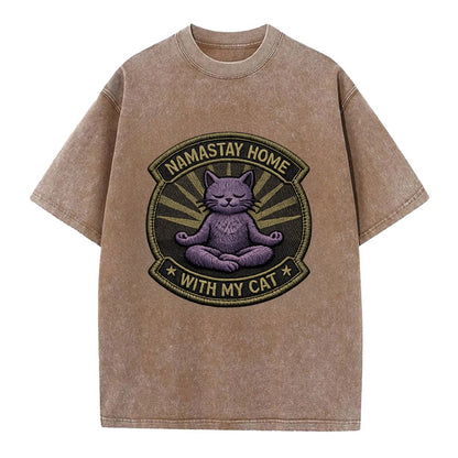 NAMASTAY HOME WITH MY CAT - yoga cat in purple , introvert cat - Vintage T-shirt - Brown