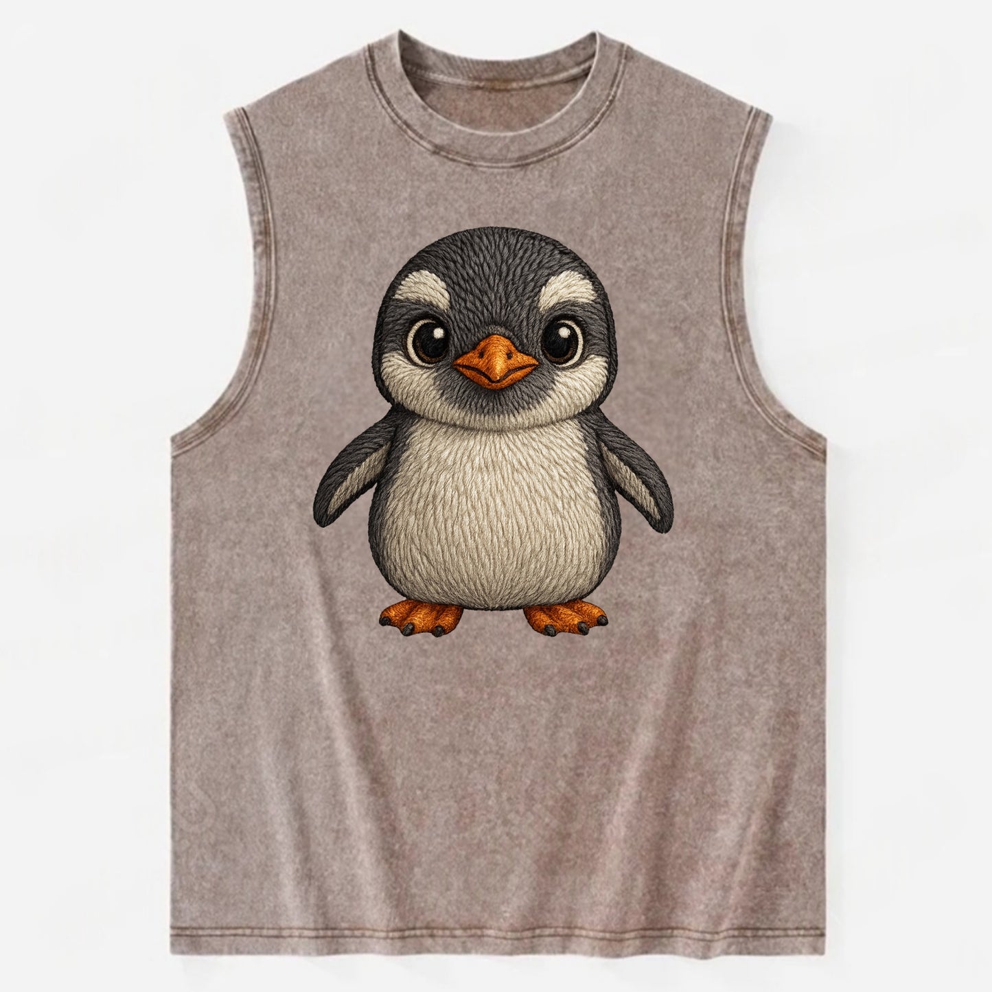 Baby Gentoo Penguin - orange beak, white cap, bright eyes, front-facing, - Vintage Washed Tank - Brown