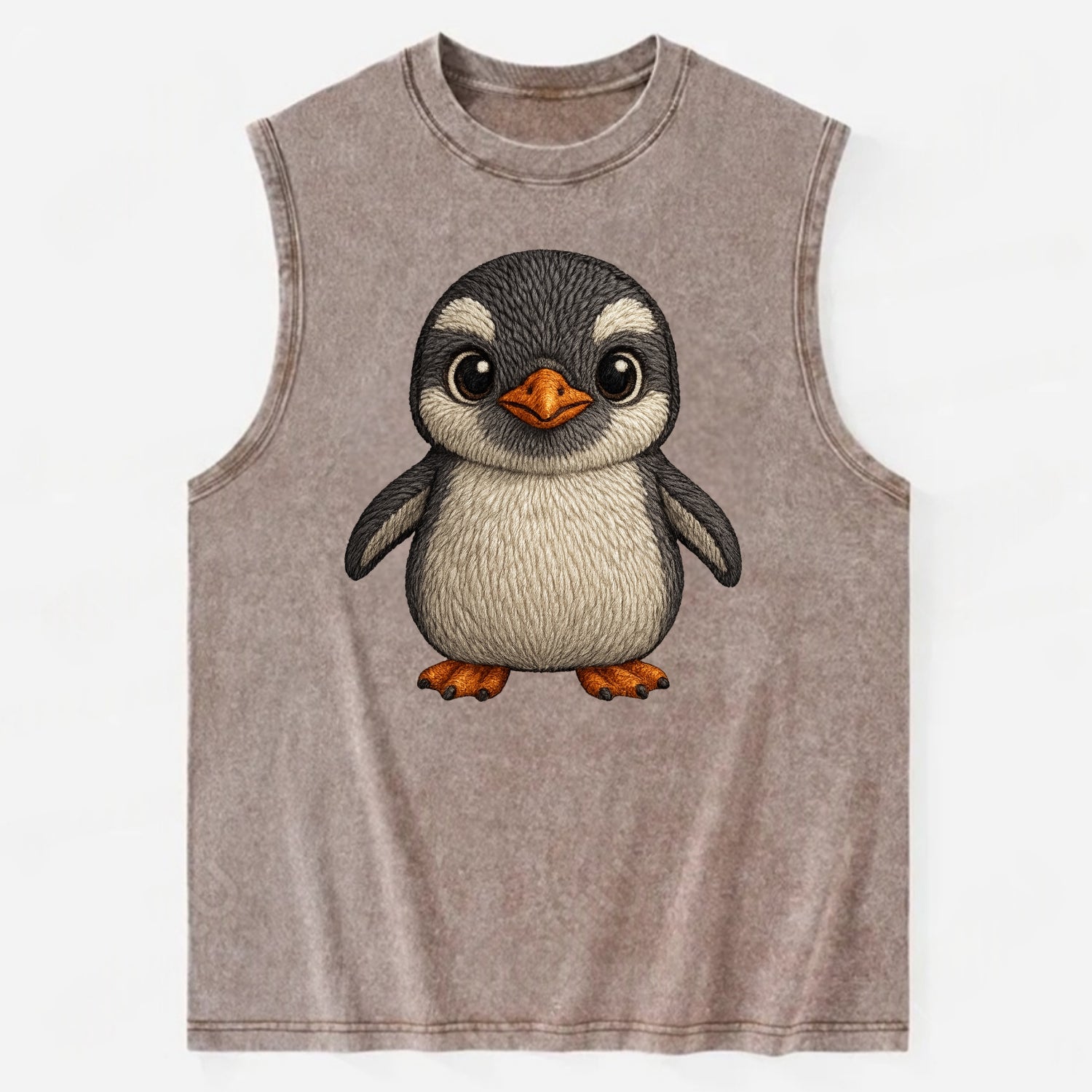 Baby Gentoo Penguin - orange beak, white cap, bright eyes, front-facing, - Vintage Washed Tank - Brown