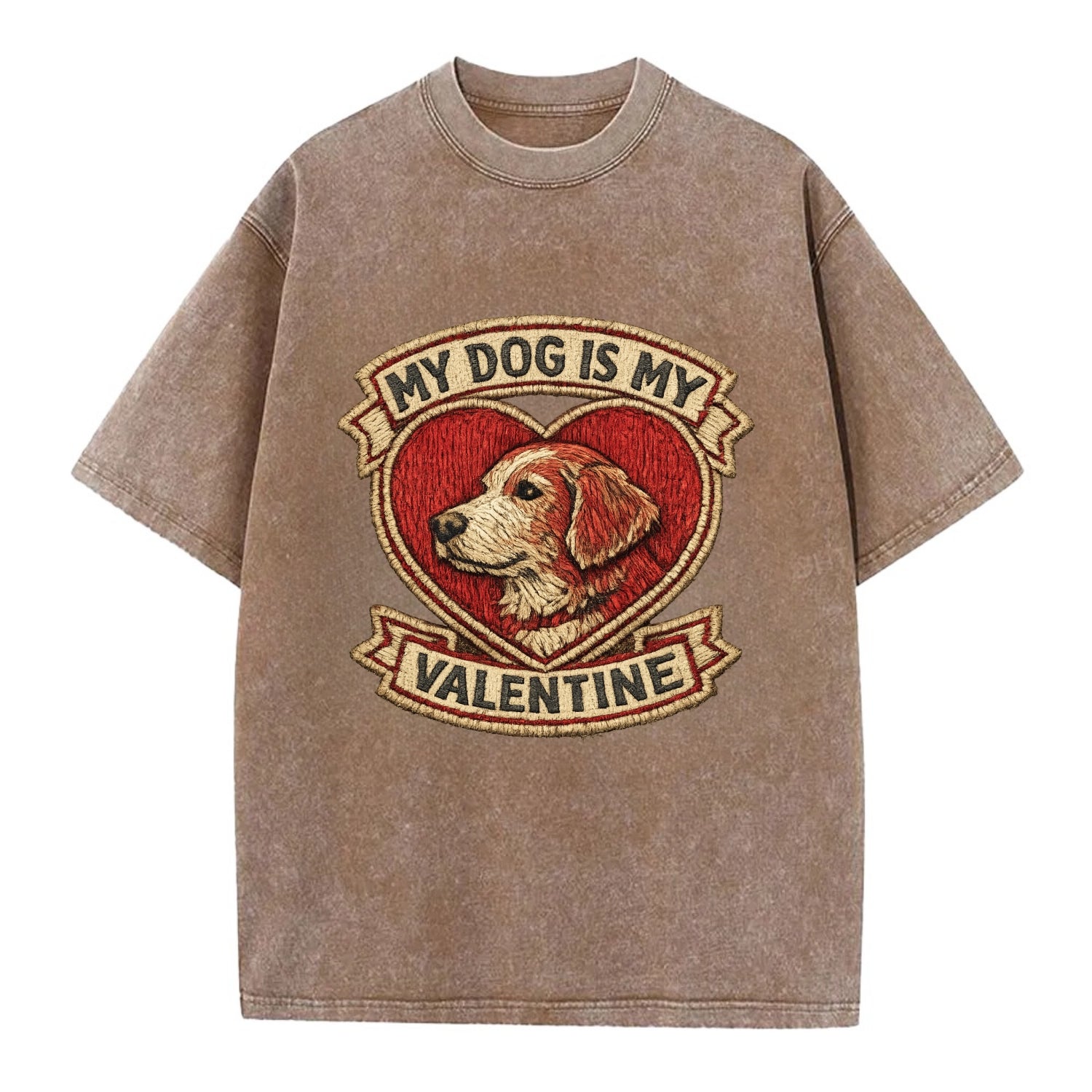 MY DOG IS MY VALENTINE - heart with dog in red , single pet owner - Vintage T-shirt - Brown