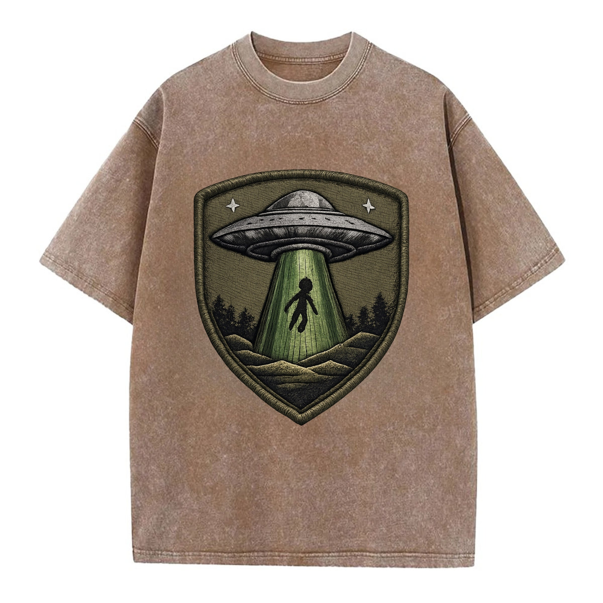UFO ALIEN - flying saucer with beam in silver and green , extraterrestrial - Vintage T-shirt - Brown