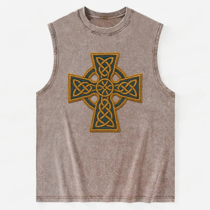 Book Of Kells Cross - Vintage Washed Tank - Brown