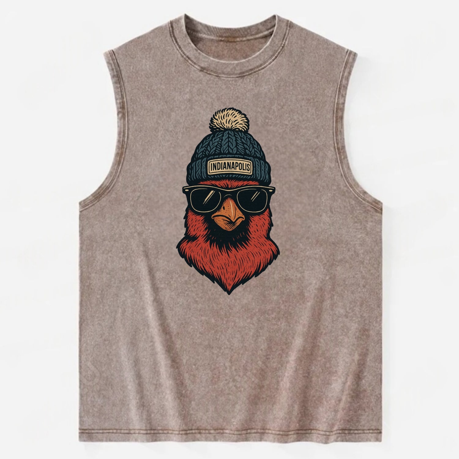 Indiana Cardinal wearing Indianapolis beanie with pom pom and wayfarer - Vintage Washed Tank - Brown