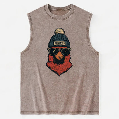 Indiana Cardinal wearing Indianapolis beanie with pom pom and wayfarer - Vintage Washed Tank - Brown