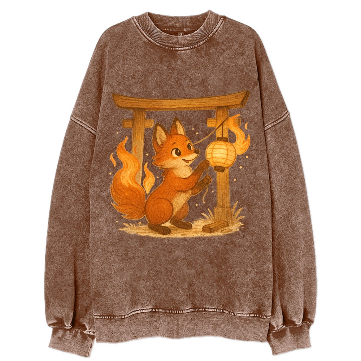 Foxfire kitsune stringing lanterns along a torii gate with tails of living - Vintage Sweatshirt - Brown