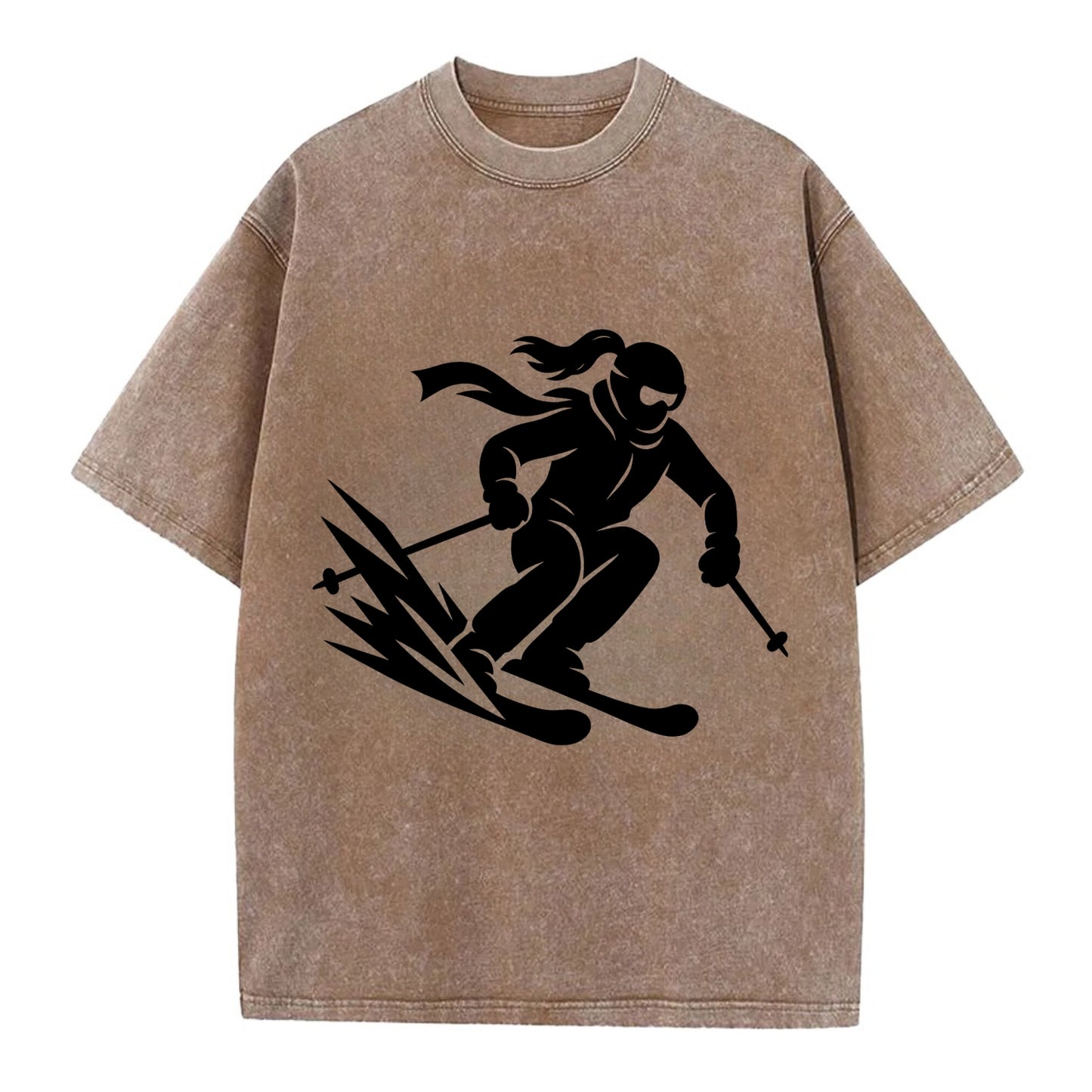 Skier carving down snowy slope - Vintage T-shirt - Brown