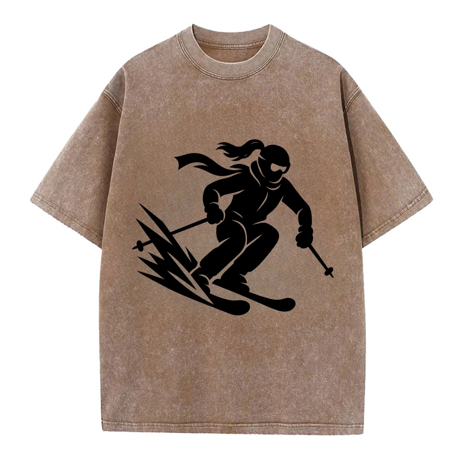 Skier carving down snowy slope - Vintage T-shirt - Brown