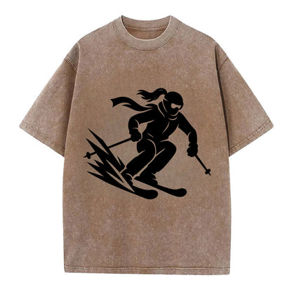 Skier carving down snowy slope - Vintage T-shirt - Brown