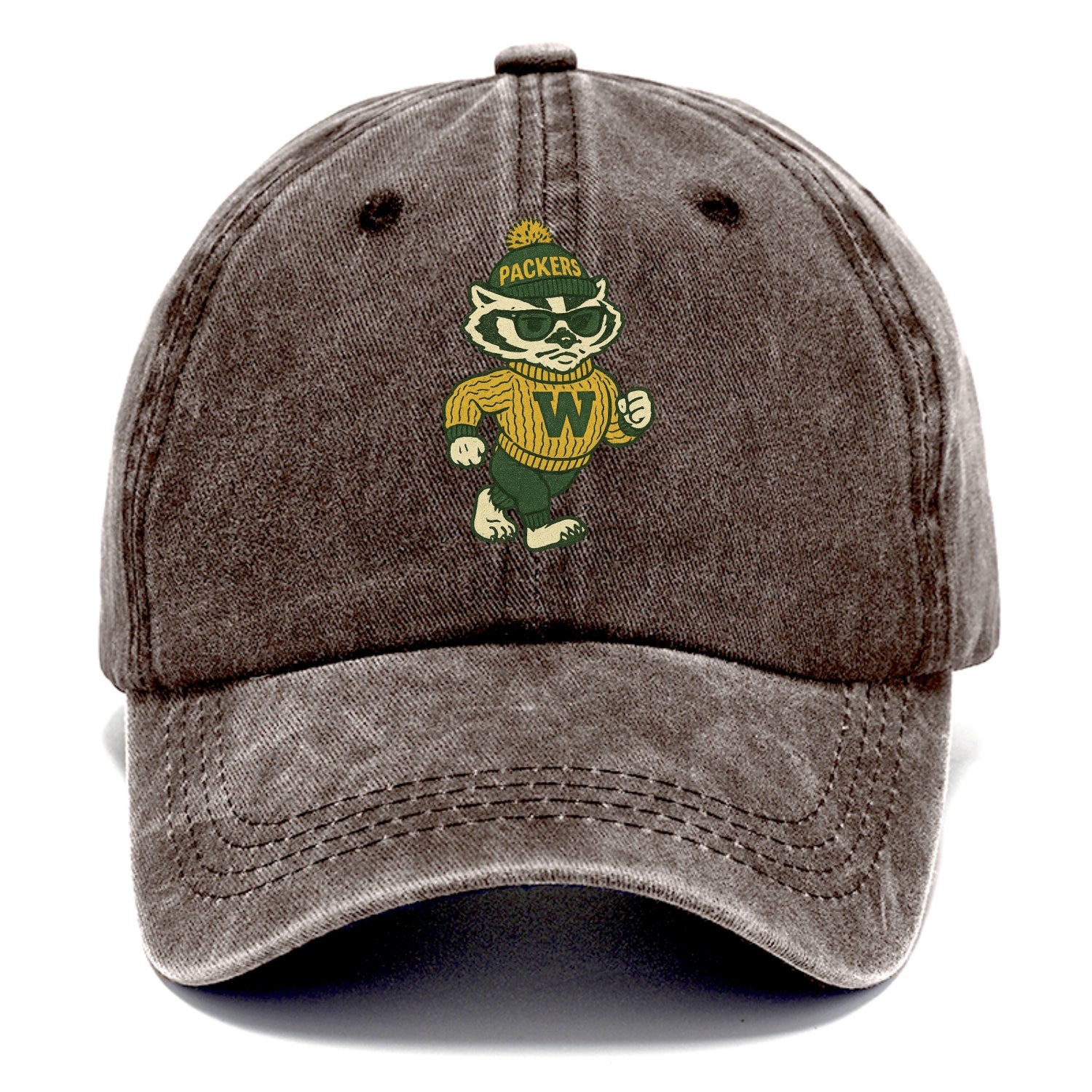 Wisconsin Badger wearing Packers green and gold beanie with pom pom and wayfarer - Classic Cap - Brown