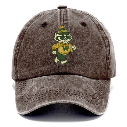 Wisconsin Badger wearing Packers green and gold beanie with pom pom and wayfarer - Classic Cap - Brown