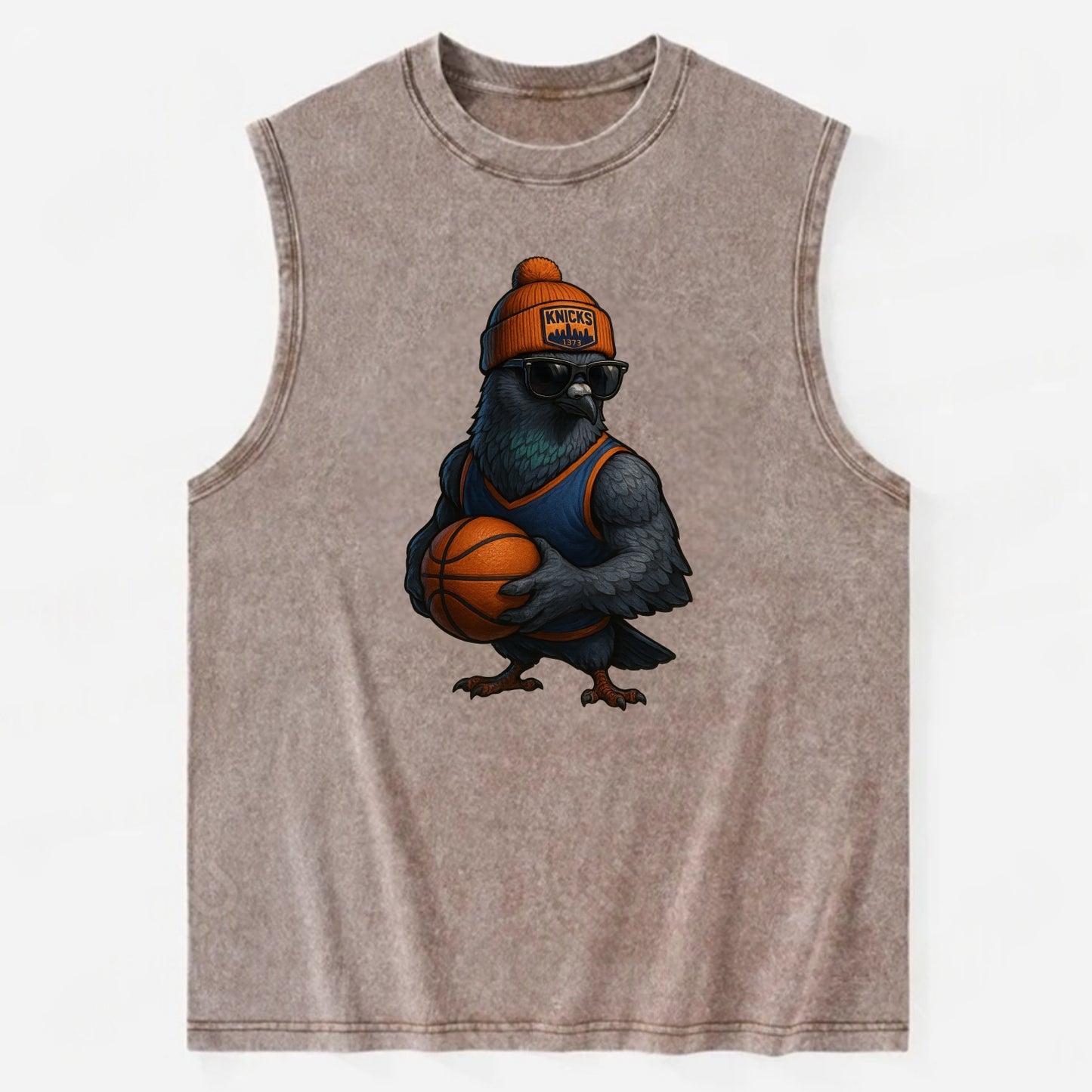 Manhattan Pigeon wearing Knicks beanie with skyline patch and wayfarer - Vintage Washed Tank - Brown