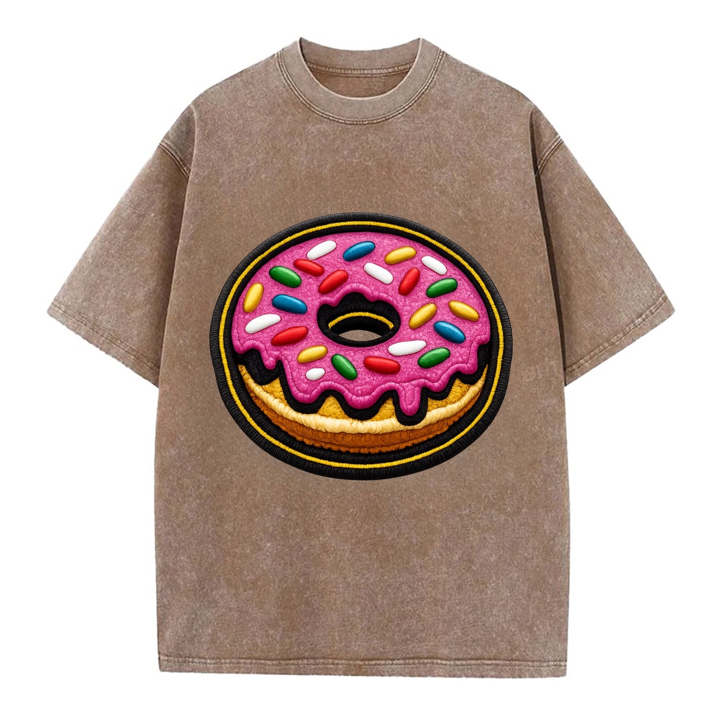 DONUT SPRINKLES - glazed donut with sprinkles in pink and rainbow , sweet treat - Vintage T-shirt - Brown