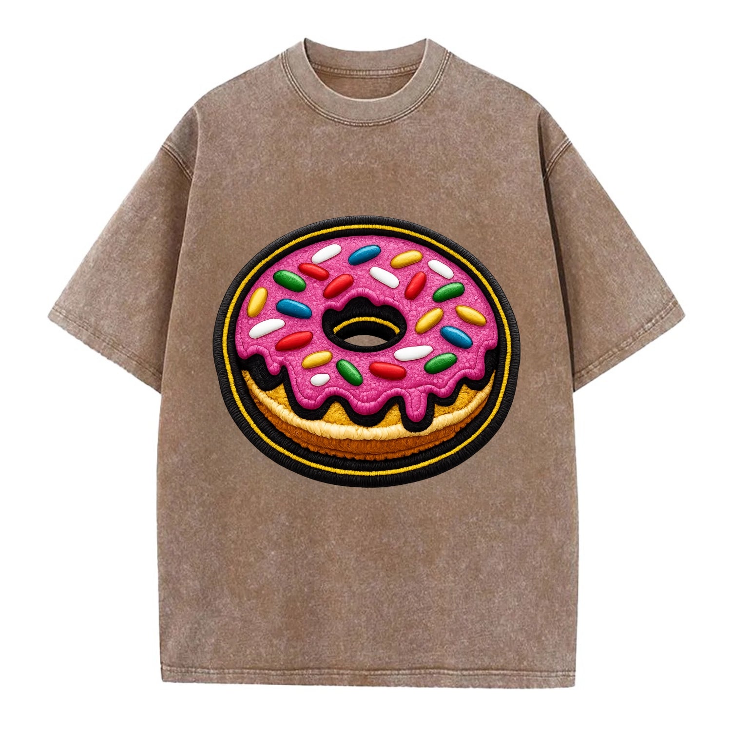 DONUT SPRINKLES - glazed donut with sprinkles in pink and rainbow , sweet treat - Vintage T-shirt - Brown
