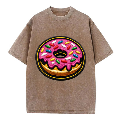 DONUT SPRINKLES - glazed donut with sprinkles in pink and rainbow , sweet treat - Vintage T-shirt - Brown